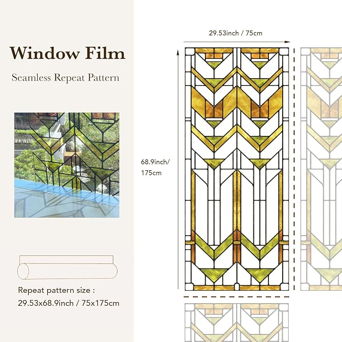 Faux Stained Glass Effect Transparent Window Film, Decorative Window Cling for Front Door Sliding Door Glass Film Decor Inspired by Frank Lloyd Wright, 29.53" x68.9" Martin House, Boho