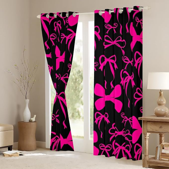 Feelyou Cute Bowknot Room Darkening Blackout Curtain Boys Girls (2 Panels, 38 x 45 Inch) Bow Curtains for Bedroom Living Room Pink Girls Bow Blackout Curtains Kawaii Bow Window Treatments