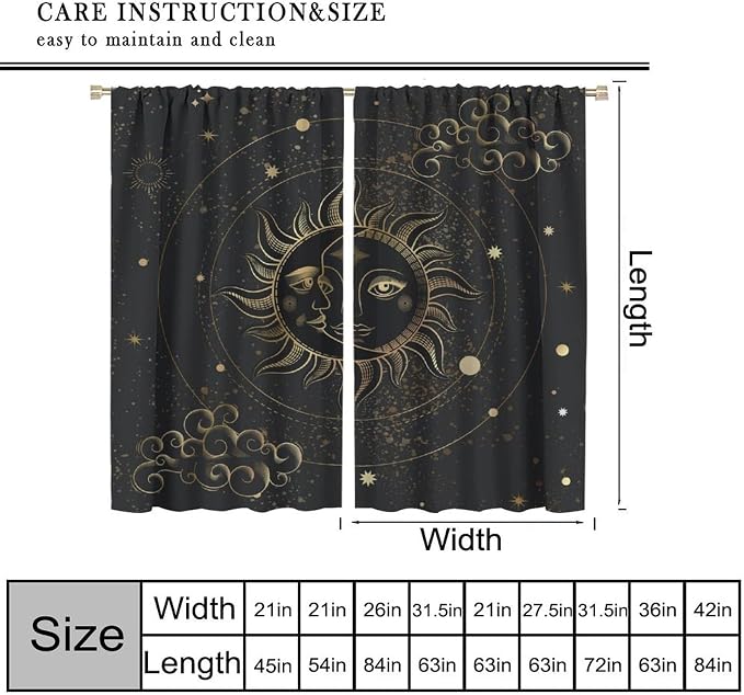 Sun Moon Blackout Curtains, Abstract Golden Stars Mystic Celestial Universe Starry Sky Boho Art Vintage Retro Window Drapes, for Bedroom Living Room 52" W X 84" L