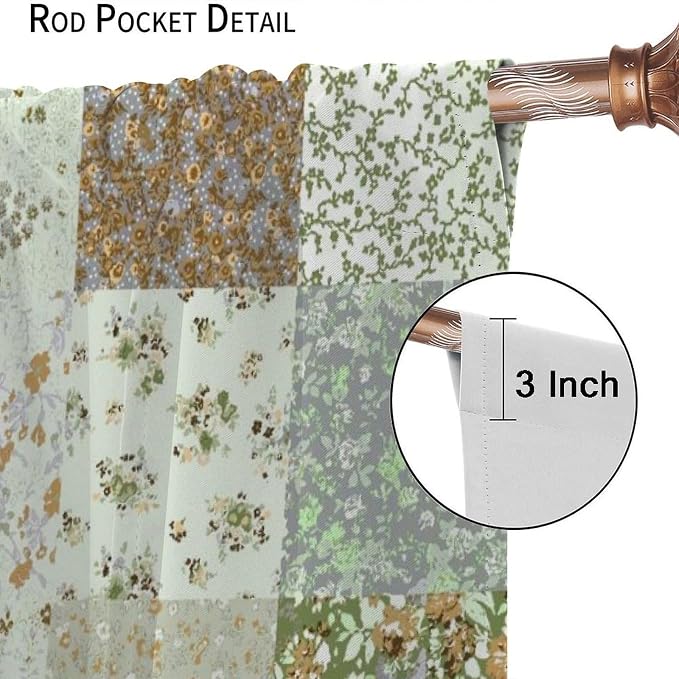 Boho Flower Patchwork Blackout Curtains Farmhouse Patchwork Quilted Country Check Print Window Drapes for Bedroom Living Room Kitchen Cafe （W26xL84 Inch） x2 Panels