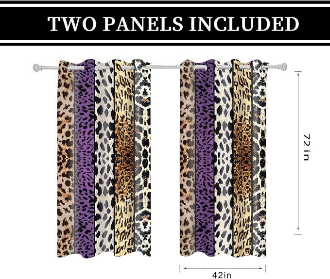 Wild Animal Print Curtain, Room Darkening Thermal Insulated Blackout Leopard Boa Window Drapes with Grommets for Living, Dining, Bedroom, Purple Leopard Print, 42"x 72", 2 Panels