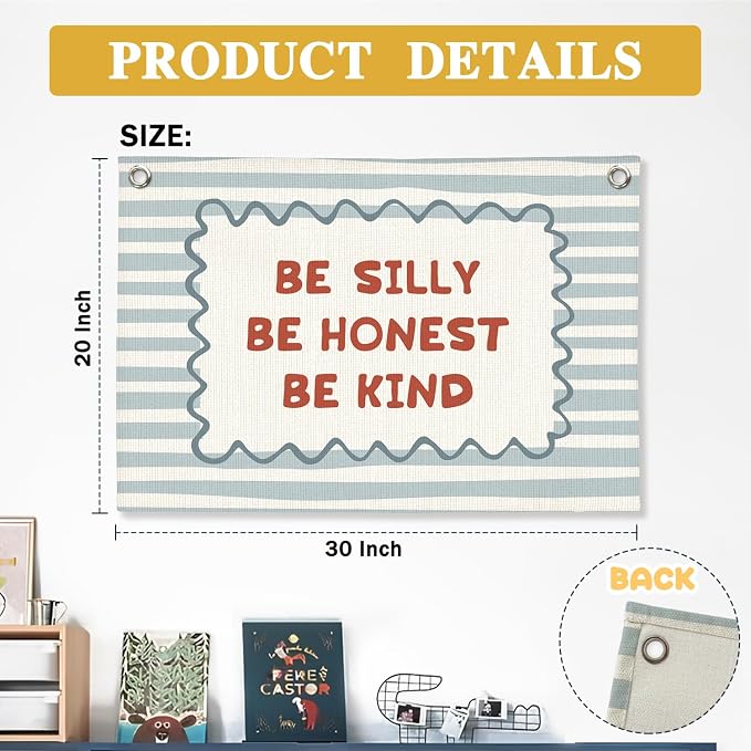 Inspirational Wall Art Banner for Toddler Room Decor, Be Silly Honest Kind, Boy Nursery Decor Boho Retro Wall Hanging Canvas Banner, Classroom Decor for Kids Nursery Toddler Room Bedroom Playroom, 30x20 Inch