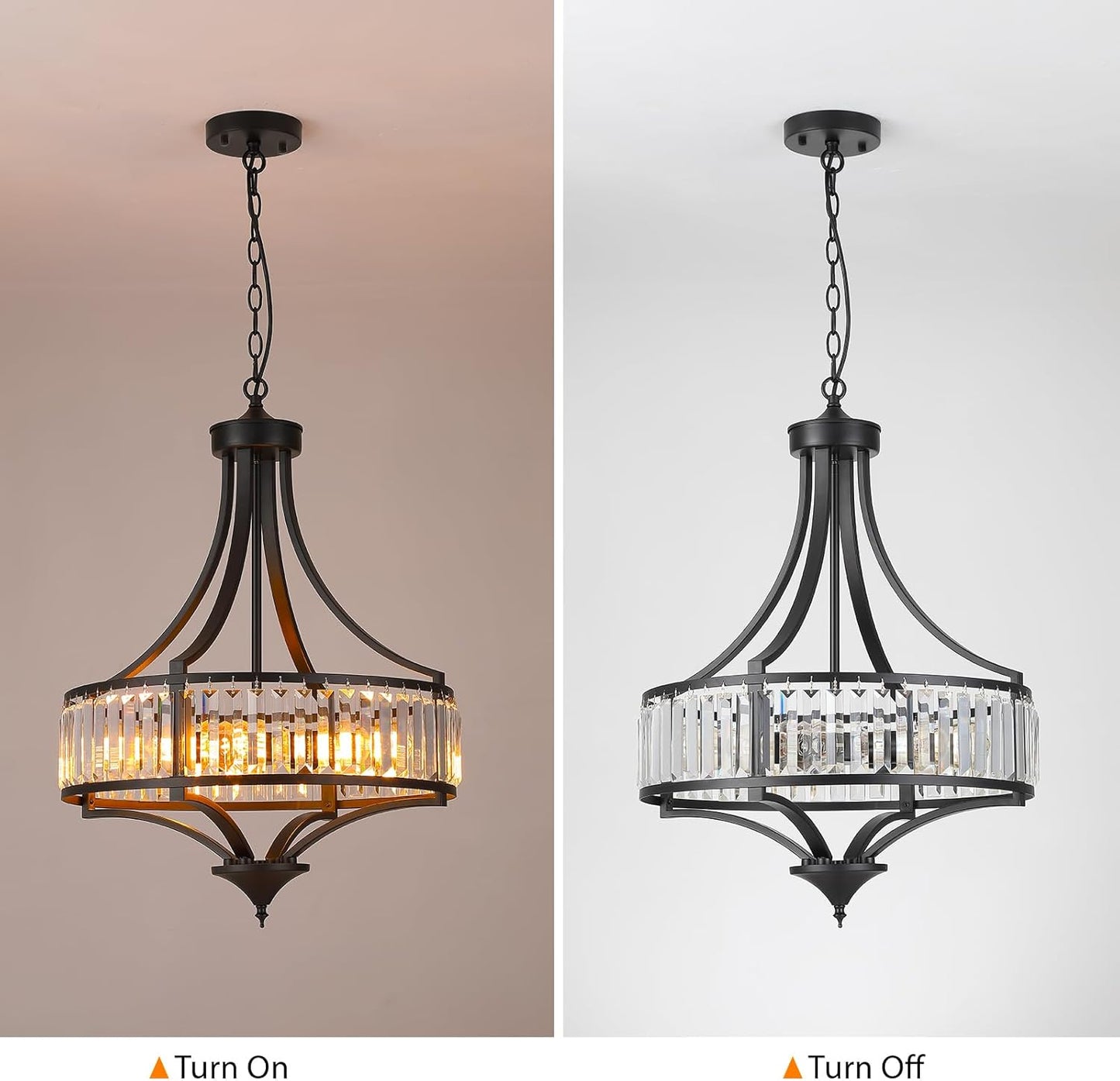 Modern Black Crystal Chandelier, 20 Inch Large Ceiling Pendant Light Fixture with 50'' Adjustable Hanging Chain, 5-Light Farmhouse Chandelier for Dining Room, Living Room, Bedroom, Entryway