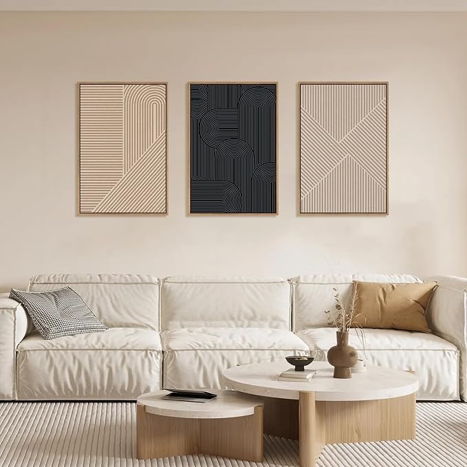 LHIUEM Large Abstract Textured Line Framed Canvas Wall Art,Boho Beige Black Wall Decor,Modern Neutral Minimalist Art Painting Painting for Living Room,Bedroom,Dining Room,Office -24"x36"x3