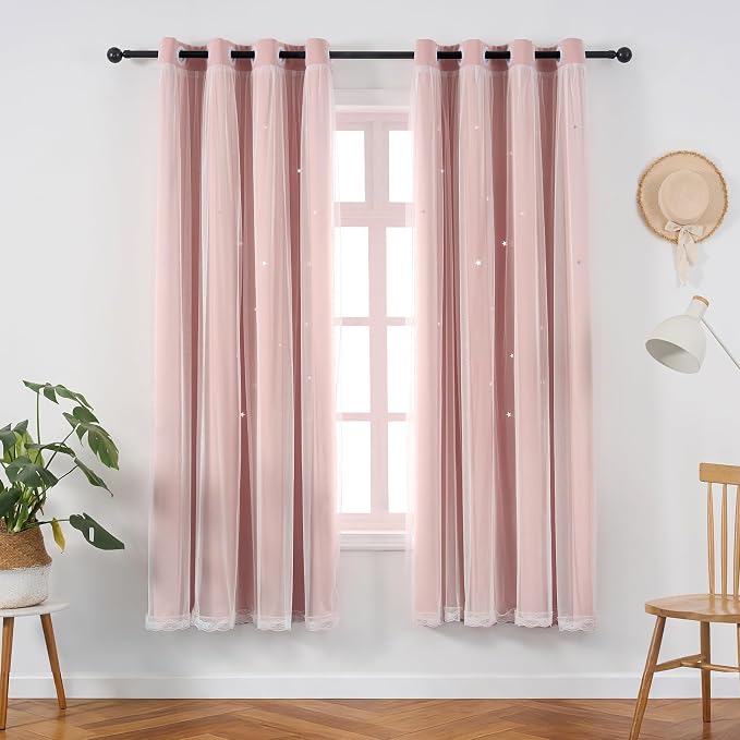 Light Pink Blackout Curtain for Girls Room 72 Inches Long Cute Star Cutout | Nursery Double Layer Curtains & Drapes Tulle Lace Sheer Single Panel Thermal Insulate Bedroom Window Treatments Cortina Blush