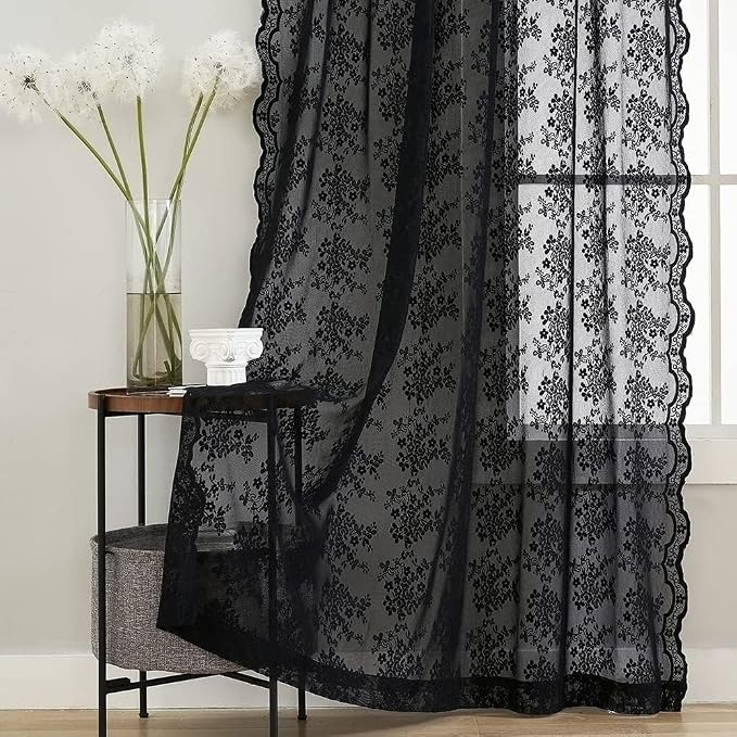 YJ YANJUN Vintage Lace Curtains 90 Inches Long- Victorian Floral Pattern Black Sheer Curtain Panels for Living Room Bedroom,Light Filtering, Gothic Witchy Halloween Drapes 2 Panels 52W x 90L