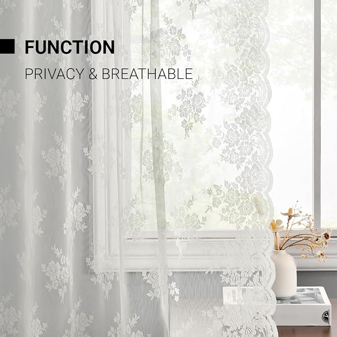 Kotile Ivory Lace Curtains 84 Inches Long 2 Panels, W52 x L84 Inch, Rusitc Floral Pattern Vintage Lace Sheer Curtains for Living Room, Rod Pocket Light Filtering Privacy Vintage Sheer Window Curtain