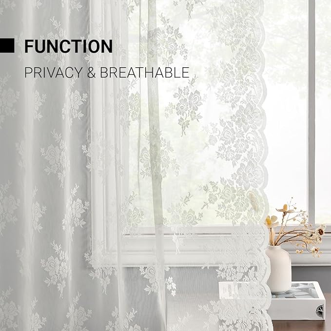 Kotile Ivory Lace Curtains 63 Inch Length - Premium Embroidery Floral Sheer Lace Curtains for Bedroom, Scalloped Trim Country Sheer Window Curtain Panels, 52 x 63 Inch, 2 Panels, Ivory/Cream