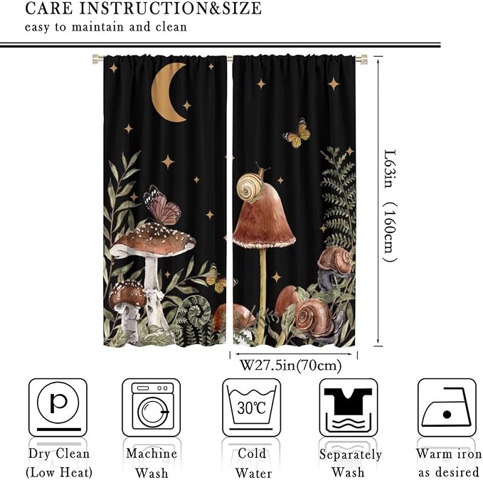 Retro Mushroom Blackout Curtains,Snail Butterfly Window Drapes,Boho Night Plants Leaves Moon Star Botanical for Living Room Kitchen Bedroom,Black Background 55x63in