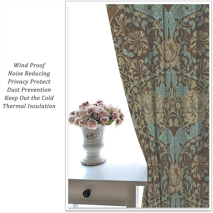 Retro Bohemian William Morris Plant Floral Blackout Curtains, Abstract Vintage Country Floral Leaf Pattern Window Drapes, for Living Room Bedroom 31.5(W)*63(L) 2 Panels