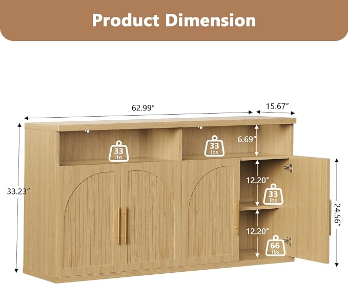 Fluted Buffet Cabinet with Storage, 63" Wide Wood Sideboard Credenza with 4 Doors & Open Storage Shelf, Modern Kitchen Entryway Accent Table for Dining Room Living Room, Kitchen, Hallway, Oak