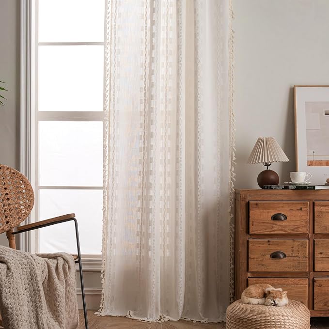 Deeprove Cream White Boho Curtain 84 inches Length for Living Room Bedroom Nursery Doorway Cream Bohemian 84 inches Long Western Stripe Embroidery Privacy Window Fringe Decor W52 x L84, 1 Panel