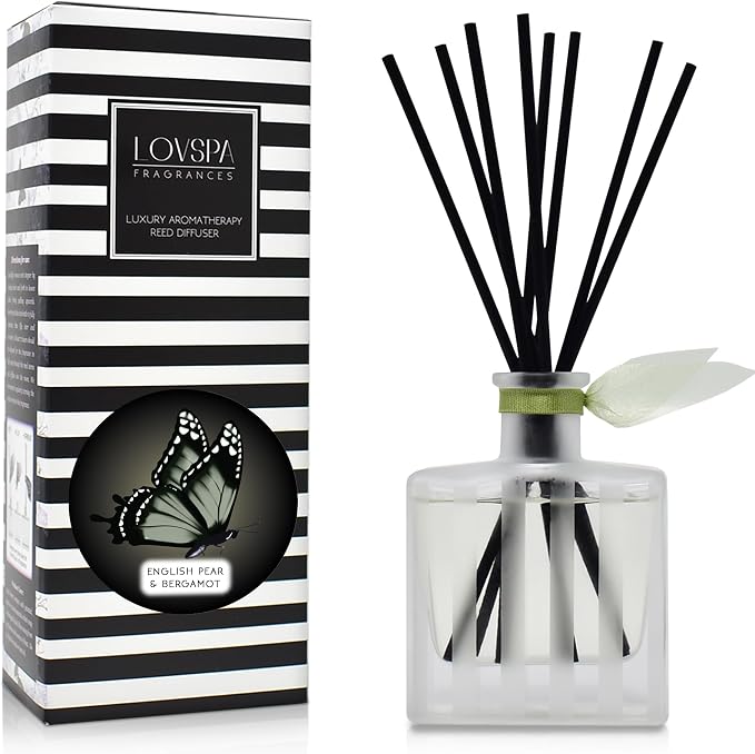 Reed Diffuser Set, English Pear & Bergamot Scented Oil Diffuser with Sticks, Home Fragrance Accessories for Bathroom Shelf Decor, Aroma Diffusers for Home or Office Desk, USA Made