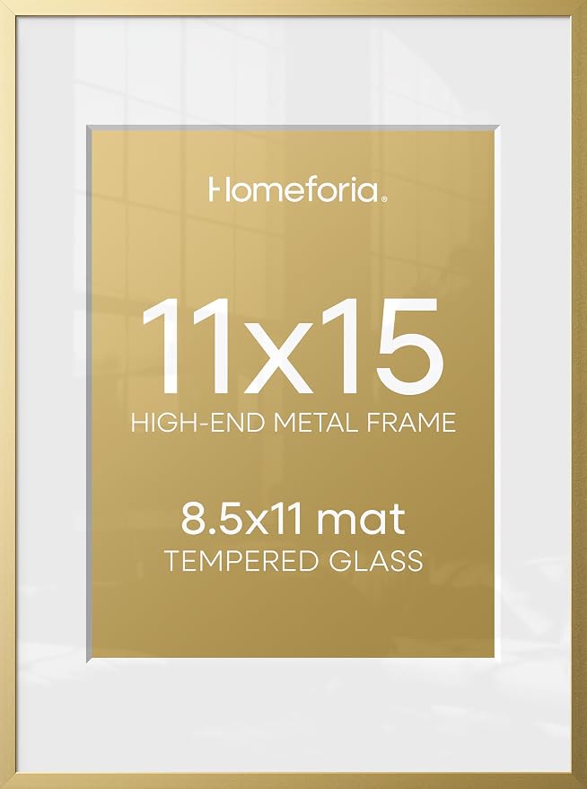 Homeforia 11x15 Picture Frame Gold, High End Metal 11x15 Poster Frames with Mat for 8.5x11, 11 x 15 Gold Frames Matted to 8.5 x 11 inch Photo, 11by15 Hanging Frames, Tempered Glass, Wall Kit, Set of 1