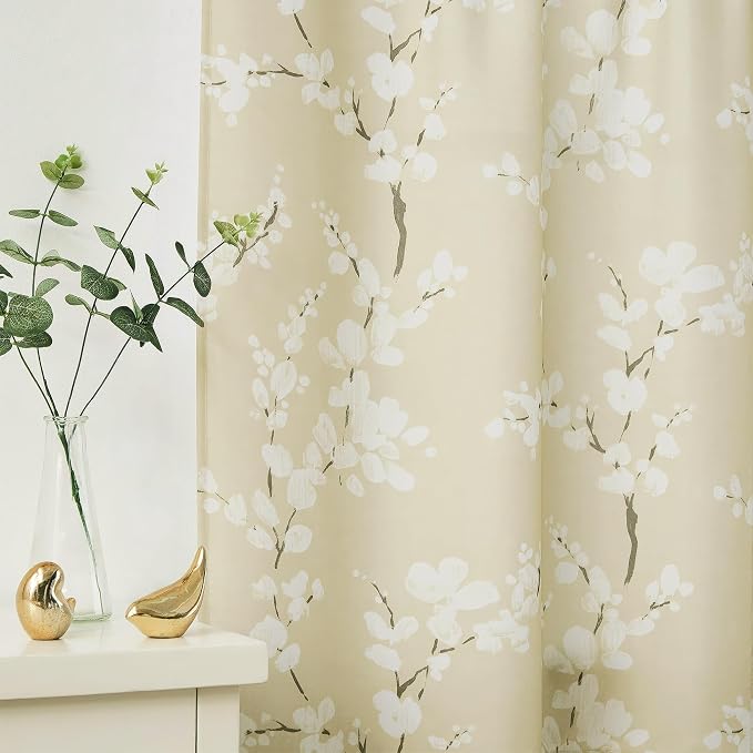 FMFUNCTEX Beige Kitchen Curtains 36 Inch Length White Blossom Floral Print on Canvas Tier Curtains for Small Windows Basement Bathroom Laundry Closet Rustic Curtains Rod Pocket 2 Panels