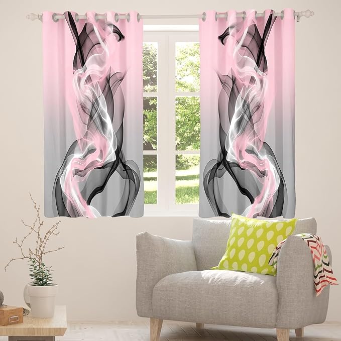 jejeloiu Pink and Black Blackout Curtains Abstract Darkening Drapes for Bedroom Living Room Decor Strip Lines Thermal Insulated Shades Geometric Modern Window Treatments,2 Panels 52 x 84 Inch