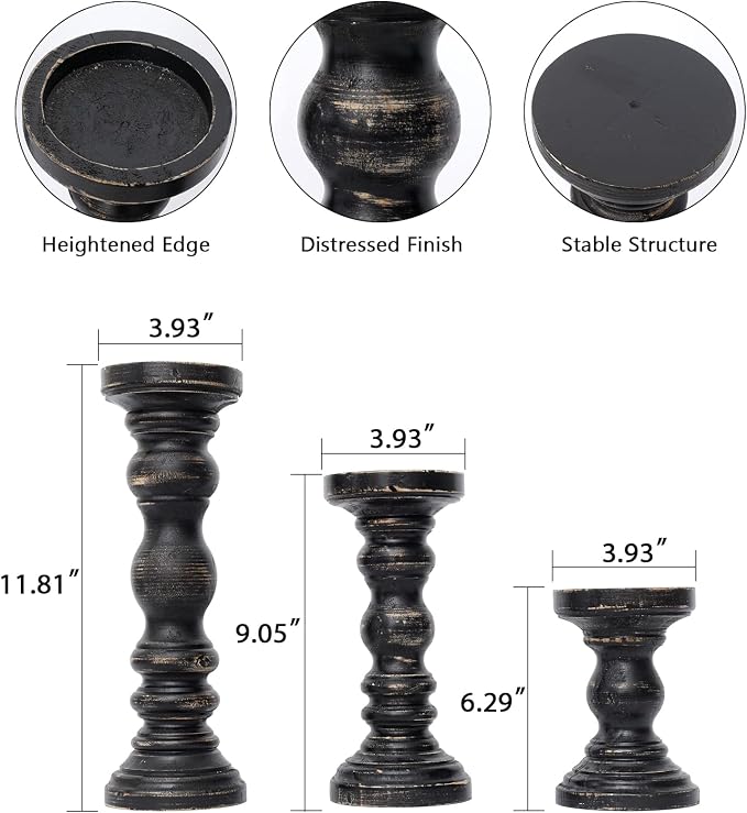 SWALLOWLIVING Rustic Farmhouse Wood Pillar Candle Holder Set of 3 for Candlestick, Black
