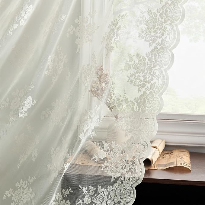 Kotile Ivory Lace Curtains 96 Inches Long - Country Floral Vintage Lace Window Curtains for Living Room, Premium Scalloped Floral Sheer Lace Curtain Panels, 52 x 96 Inch, 2 Panels, Ivory/Cream