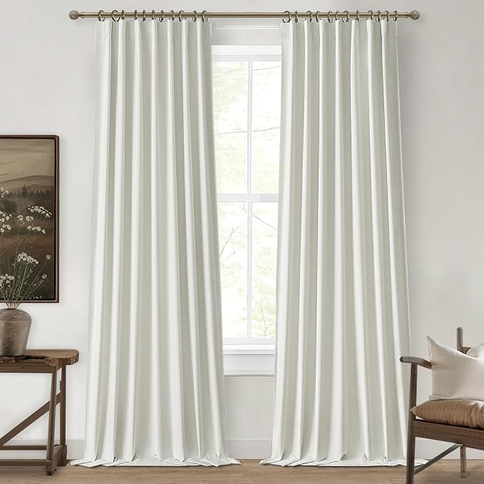 Beige White 100 Inch Bedroom Curtains Blackout,Country Cottage Core Thick Linen Pleat Window Drapes for Nursery Kids Room Thermal Room Darkening Winter Curtains to Keep Cold Out 40"Wx100"L 2 Panels