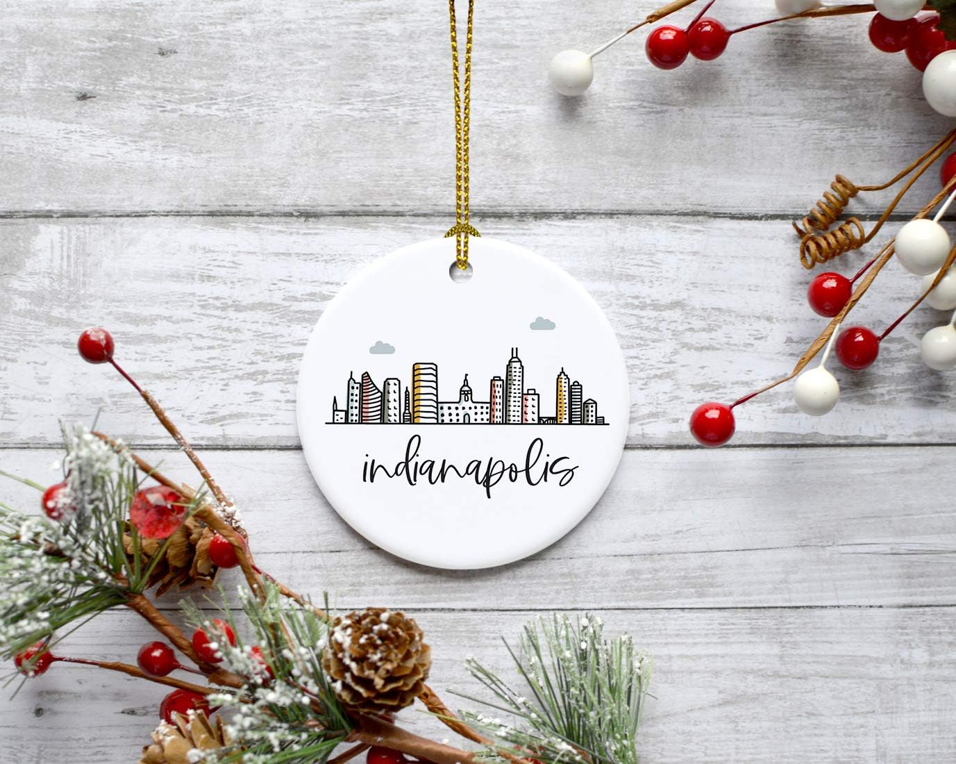 Andaz Press Round Ceramic Porcelain Christmas Tree Ornament Keepsake Gift, Indianapolis, Colorful City Skyline Graphic, 1-Pack, Birthday Ideas Family Coworker Him Her, Includes Gift Box