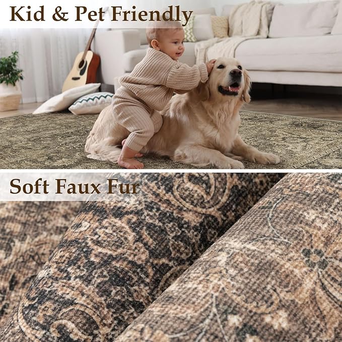 8x10 Washable Area Rug Brown Vintage Non Slip Soft Medium Pile Rug for Living Room Bedroom Dining Room Office Distressed Oriental Indoor Large Throw Carpet for Home Decor