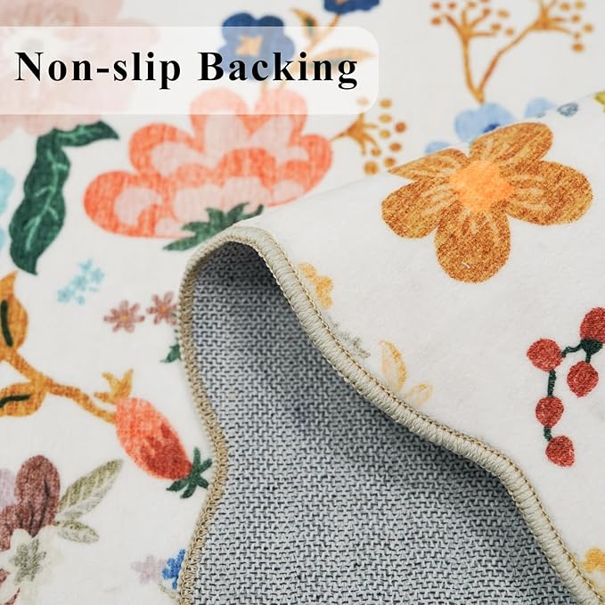 2x6 Washable Hallway Runner Rug: Floral Kitchen Rugs with Non-Slip Backing Vintage Low Pile Entryway Carpet for Living Room Bedroom Ultra Soft Water Resisitant Floor Mat for Bathroom Laudry(2x6,Cream)