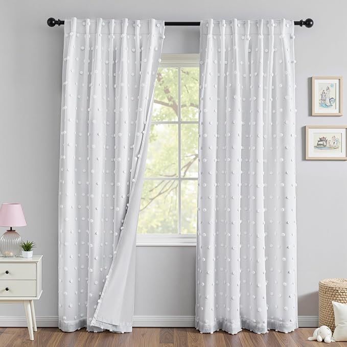 MYSKY HOME White Blackout Curtains for Kids Bedroom 100% Light Black Out Thermal Insulated Curtain 72 Inches Back Tab Room Darkening Privacy Protect Window Drapes with Pom Pom Sheers 2PCS, 52" x 72"