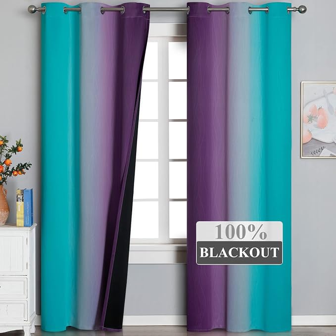 Teal Blackout Curtains 84 Inches Long, Ombre Purple Blackout Curtains for Bedroom, Grommet Thermal Insulated Gradient Drapes, Full Light Blocking Curtains for Kids Room,42x84 Inch, 2 Panels