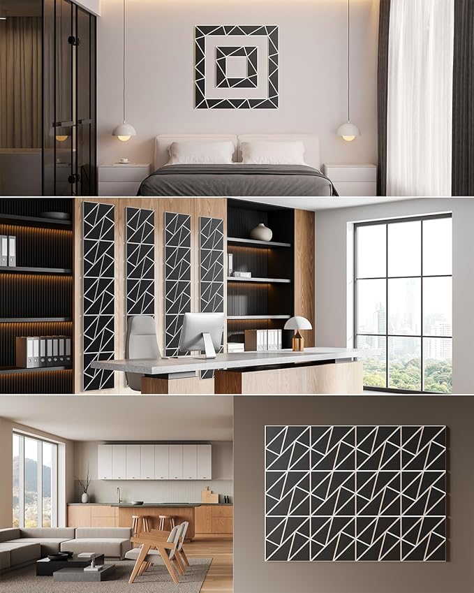 12-Pack Felt Acoustic Panels,12"x12"x0.4" Soundproof Wall Panels, Peel & Stick Sound Proof Foam Panels for Walls, Geometric Noise Reduction Panels for Home Office,Studio (Black on White)