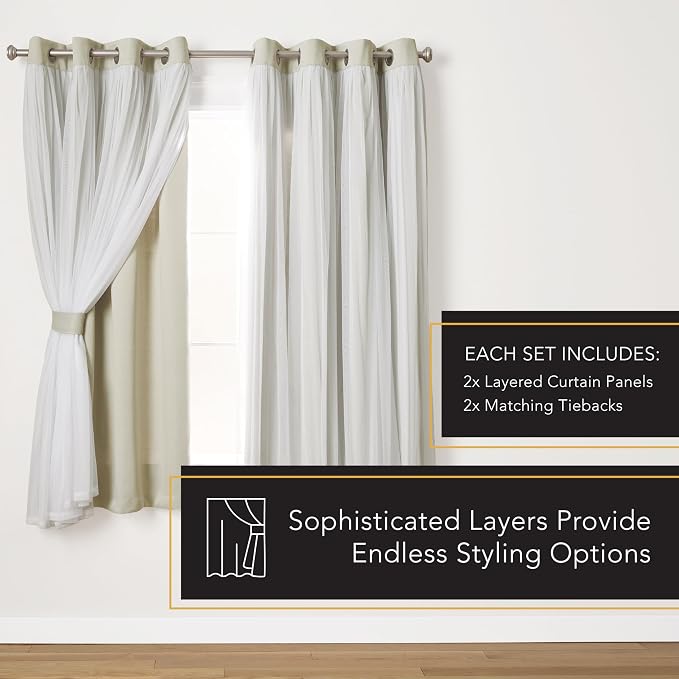 TOWN & COUNTRY LUXE Talia Double Layer Indoor Curtains, Sheer and Room Darkening Blackout, Grommet Top, Energy Efficient, 2-Pack Set, 52"x63", Sand