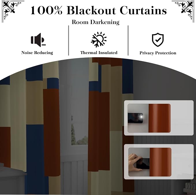 Tyrot Terracotta Blue 100% Blackout Curtains for Bedroom 84 inch Long 2 Panels Set Modern Abstract Geometric Black Out Curtains Insulated Room Darkening Window Drapes for Living Room, 52Wx84L