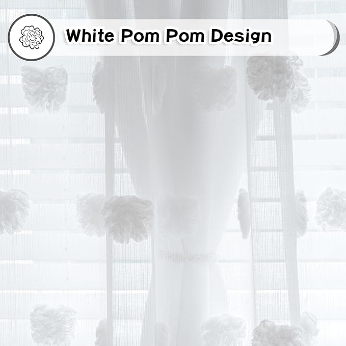 MYSKY HOME Light Blocking White Curtains for Living Room White Sheer Pom Pom Kids Room Decor Drapes 108 Inches Long Double Layer Curtain for Sliding Door Grommet Window Panels Set of 2 52" x 108"