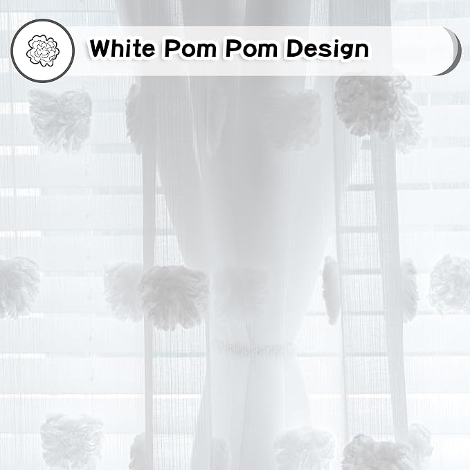 MYSKY HOME White Curtains Extra Long for Living Room and Kids Bedroom with White Pom Pom Sheer 95 Inch Length Back Tab Light Filtering Privacy Protect Window Drapes, W52 X L95, 2 Pieces