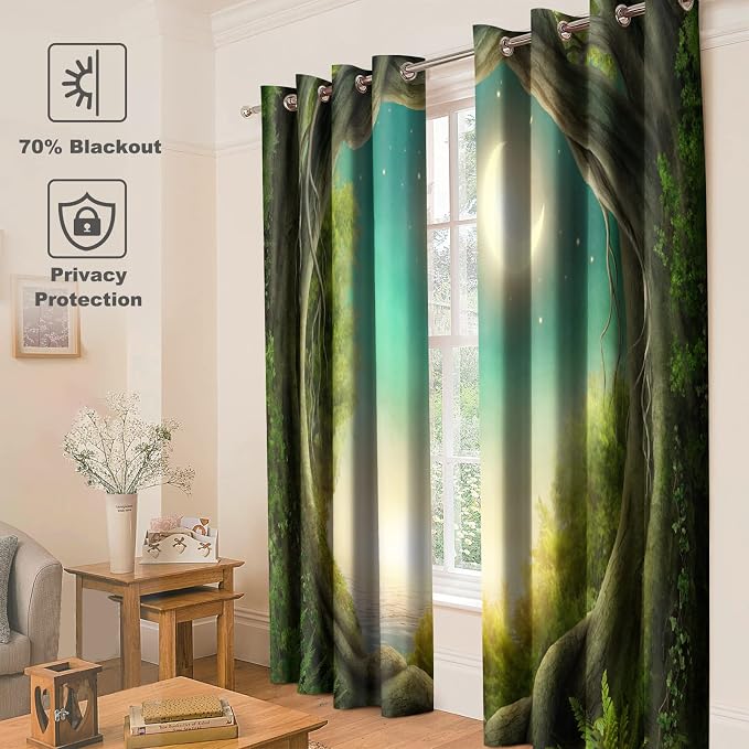 Jekeno Forest Blackout Curtains - 70% Blackout Window Drapes Trees in Enchanted Forest Full Moon Theme Print Curtain Decor Home Bedroom Living Room Grommet Window Drapes 2 Panel Set, 42" x 84"