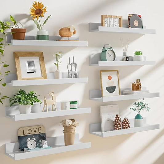 Heimlove 20 inch Picture Ledge Shelf Set of 8,Long Floating Shelves for Wall,White Picture Shelf with Lip for Wall Decor,Living Room Bedroom Bookshelf Photo Frames Nursery Book Shelves for Storage