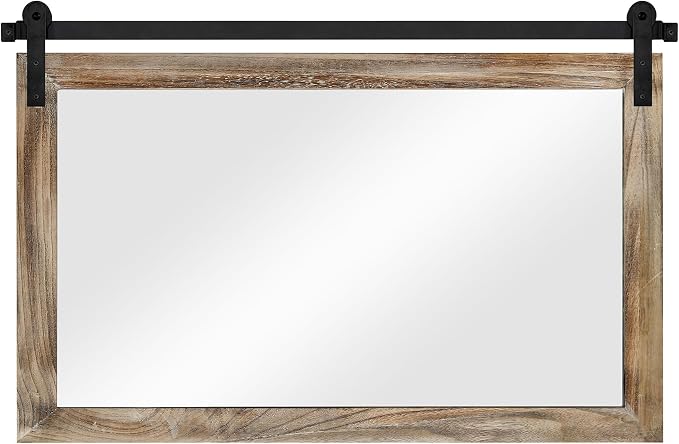 COGOOD Farmhouse Barn Door Mirror - 41" x 26" Rustic Wood Framed Wall Mirror for Bathroom, Living Room, Entryway Wall Decor (Striped Brown)