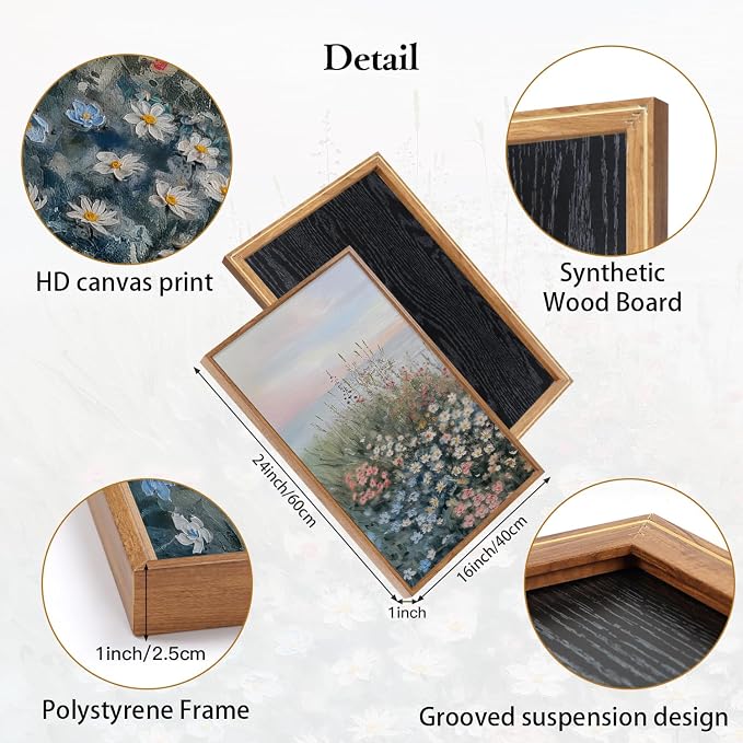 CHDITB Seaside Floral Framed Canvas Wall Art Set, Nature Inspired Ocean View Wall Decor, Sunrise Art Spiritual Wall Painting, Coastal Wildflowers Art Prints for Living Room, Office-Size 16"x24"x3