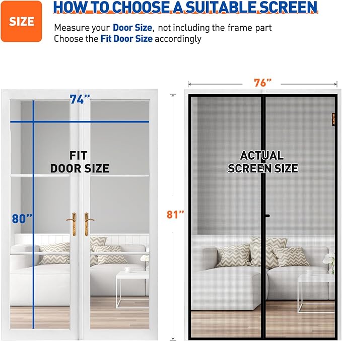 MAGZO Magnetic Screen Door Fit Door Size 74 x 80 Inch, Screen Size 76" x 81" Strong Magnet French Style Mesh, Heavy Duty Fiberglass Mesh with Hook & Loop for Sliding Entrance, Gray