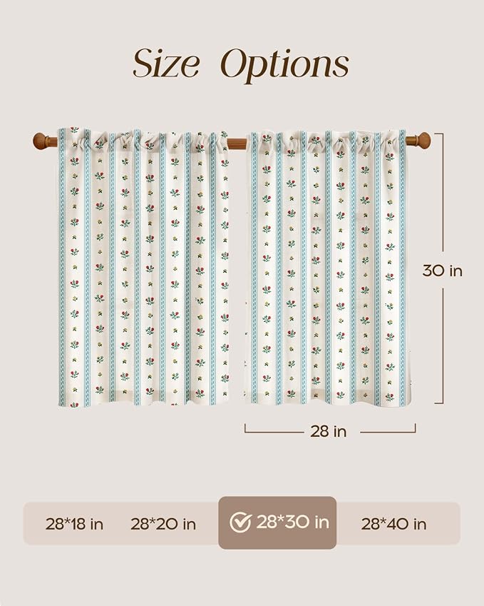 Miss Adola Farmhouse Kitchen Tier Curtains - 30 Inch Length Linen Blend Boho Cafe Curtains Blue Floral Small Window Treatments Over Sink Rod Pocket for Bathroom Living Room Light Filtering, 2 Panels