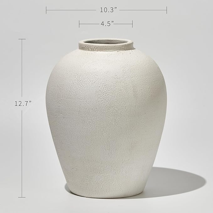 LB2 White Ceramic Large Vase, 12.7" Tall Zen Style vase, Terra Cotta Pitcher, Distressed Farmhouse Decor, Pottery Decorative Flower for Home Decor