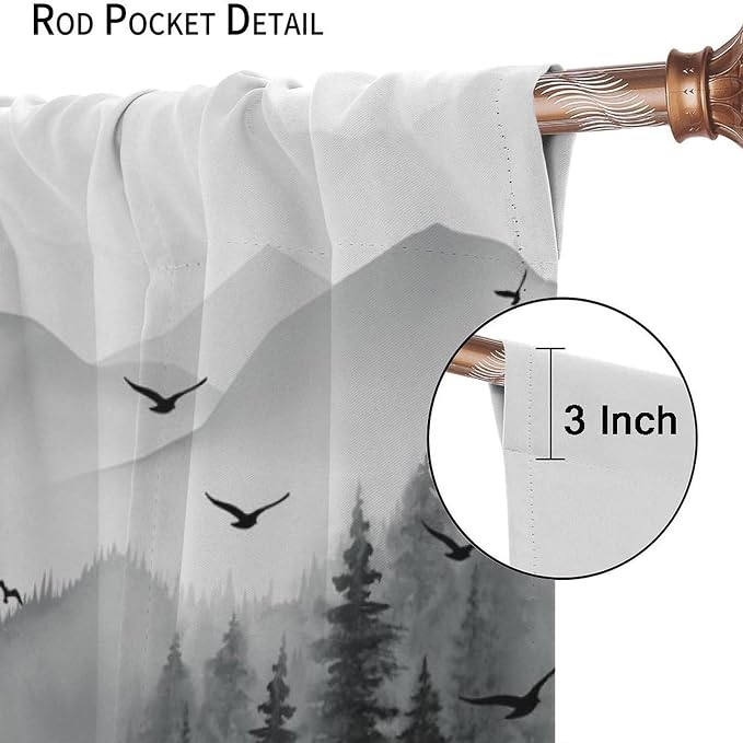 Forest Blackout Curtains for Kitchen Farm Retro Countryside Gray Nature Mist Watercolor Forest Mountains Trees Theme Print Windows Treatments for Boys Girls Bedroom Living Room 42x63in
