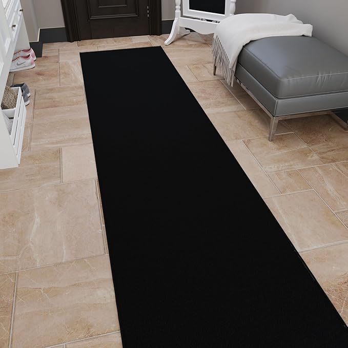 Ottomanson Aisle Runner Rug – Non-Slip Low Pile Carpet Runner for Long Hallways & Corridors, Stain Resistant & Easy to Clean, Solid Black, 2'7" x 37'