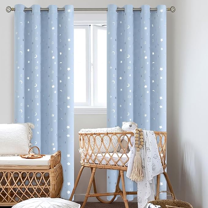 BGment Kids Curtains for Bedroom 84 Inch Length, Nursery Star and Moon Blackout Curtains for Boys, Decoration Thermal Insulated Room Darkening Window Curtains for Girls Babys, Spa Blue, 52 Wide