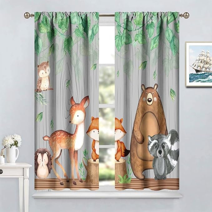 Rustic Animal Curtains, Wild Forest Animal Bear Fox Deer Kids Window Treatments for Living Room Bedroom, Farmhouse Woodland Blackout Drapes 2 Panel Sets, 55x63 Inch