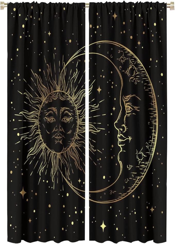 Gold Sun and Moon Blackout Windows Curtains, Fantasy Mandala Bohemian Universe Galaxy Printed Curtains, for Living Room Bedroom 42x63in 2 Panels