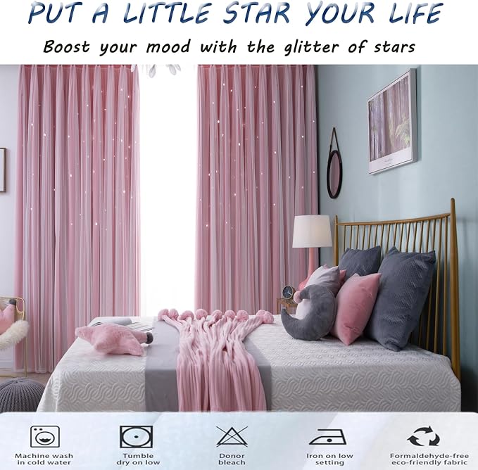 Cute Star Blackout Curtains for Girls Bedroom, Princess Curtains, W52X L63 | 2 Panel Pink Thick Grommet Top Star Cutout Curtains, Double Layer Nursery Kids Curtains, Aesthetic Living Room Decor