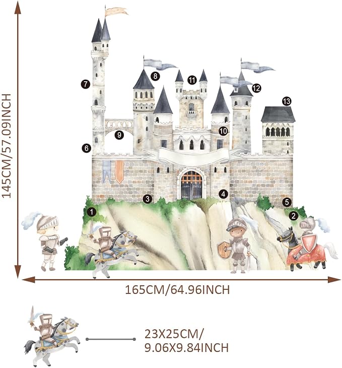 Large Watercolor Wall Decals Peel and Stick, Self Adhesive Vintage Wall Stickers for Kids Bedroom Playroom Nursery Room Wall Art Decor Decal, Knight Assembled Castle Wall Mural