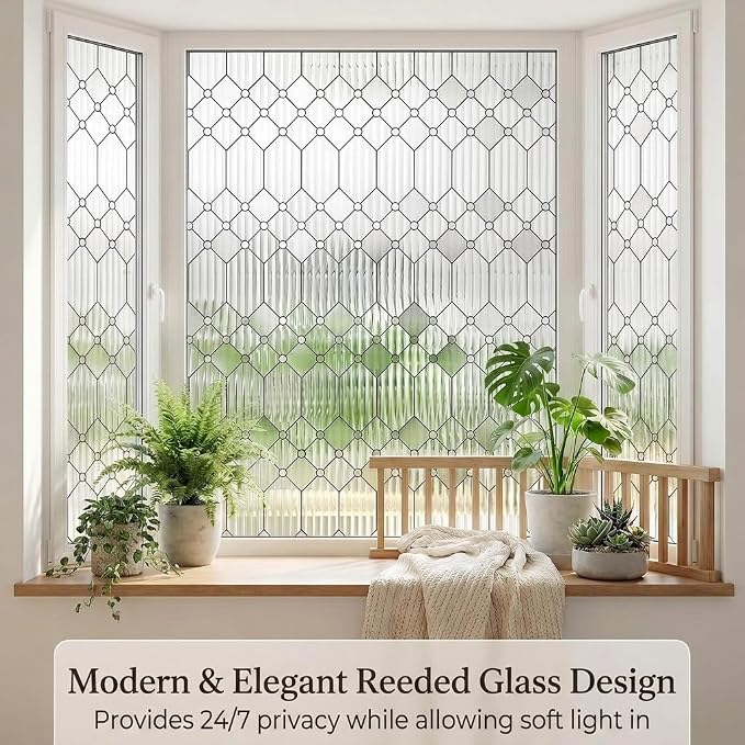 SUNBABY Reeded Glass Window Privacy Film, 3D Decorative Frosted Window Clings for Home Bathroom, Peel & Stick Non-Adhesive Classroom Door Coverings Day and Night Privacy (29.5 x 78.7 Inch)