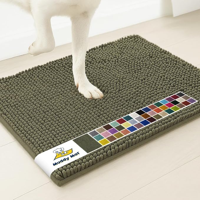 Muddy Mat® | Super Water Absorbent Door Mat Indoor, Microfiber Quick Dry Chenille Entryway Rug, Slip Resistant Front Door Mat, Indoor Mats for Entryway, Machine Washable Pet Rug, Army Green 28" x 48"