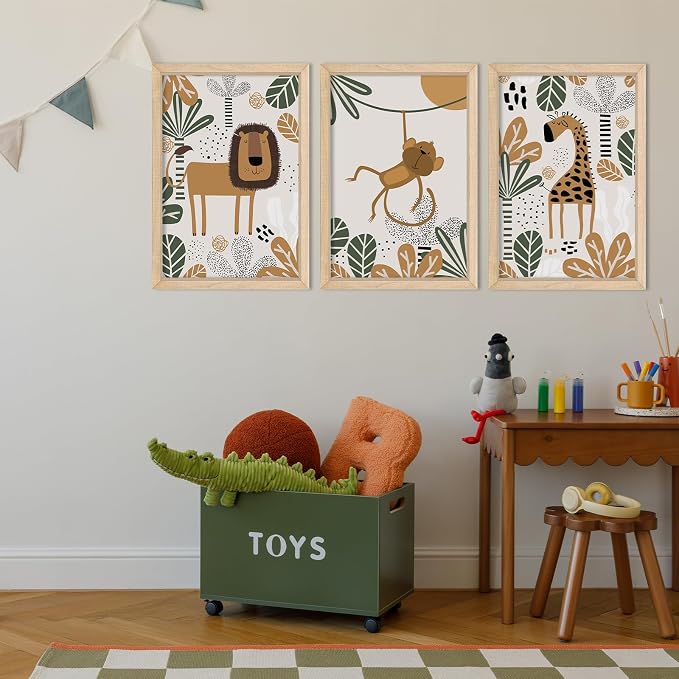 Safari Wall Decor Nursery Art Jungle 16x24 set of 3 Wood Frame for Kids | Animal Cartoon Lion Monkey Giraffe Prints, Baby/Toddler Room, Boho Jungle Theme